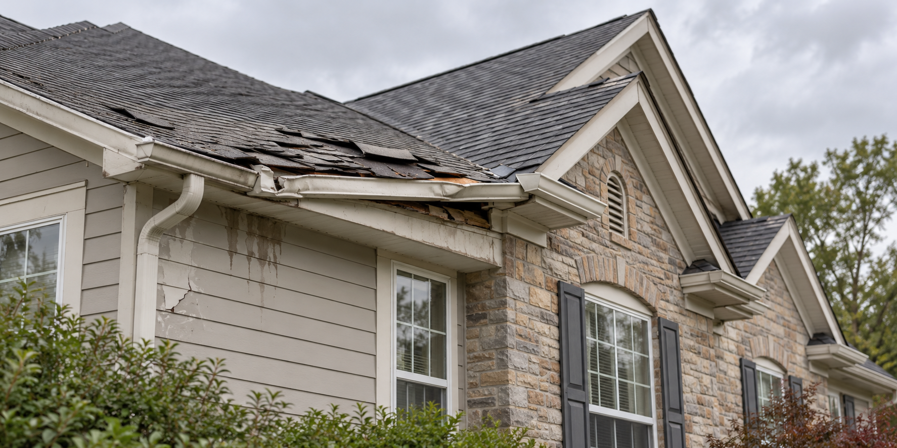 Residential property with lifted roof shingles, a damaged gutter, and water staining below the eave
